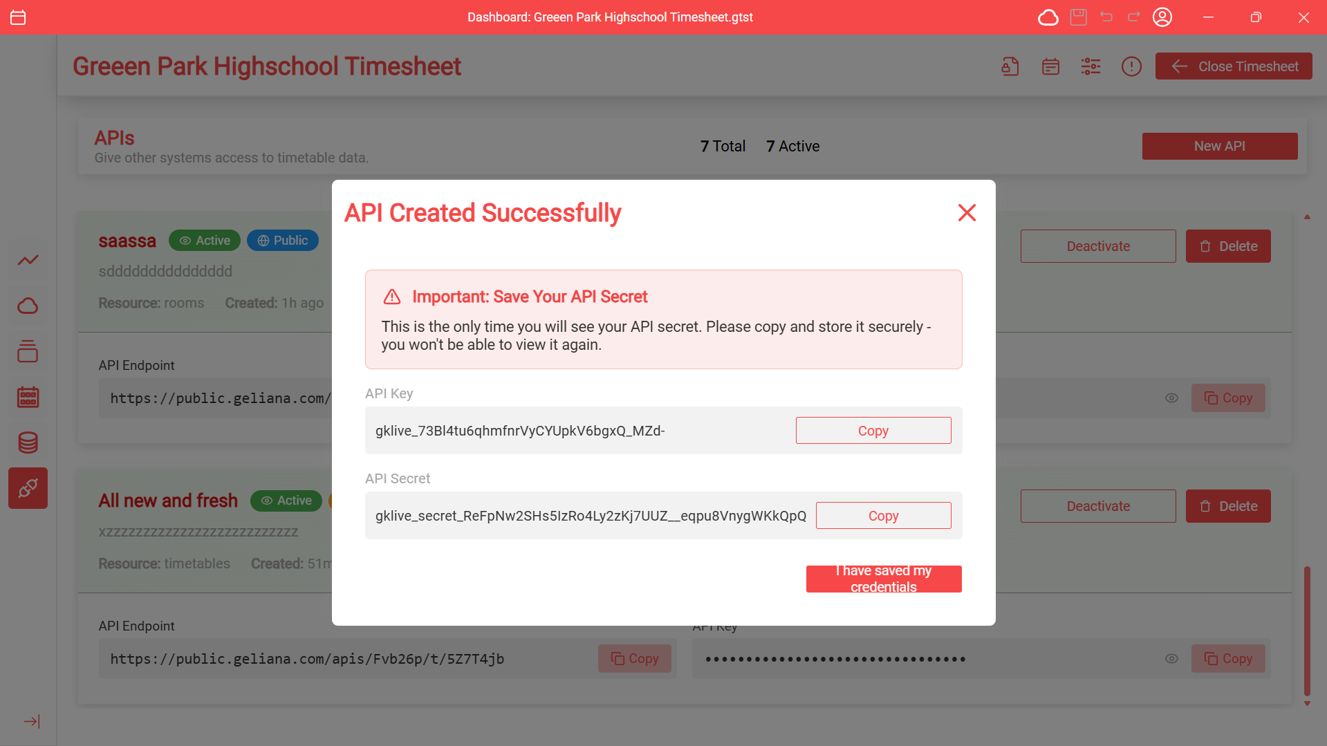 API Key and Secret Popup