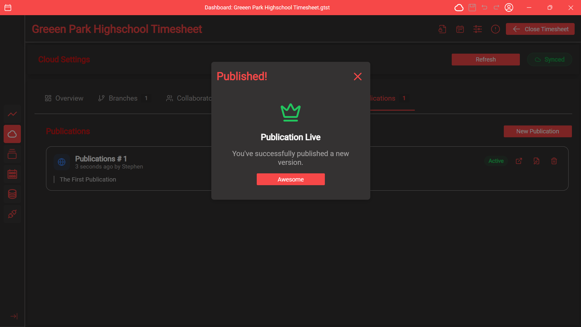 Successful publication popup